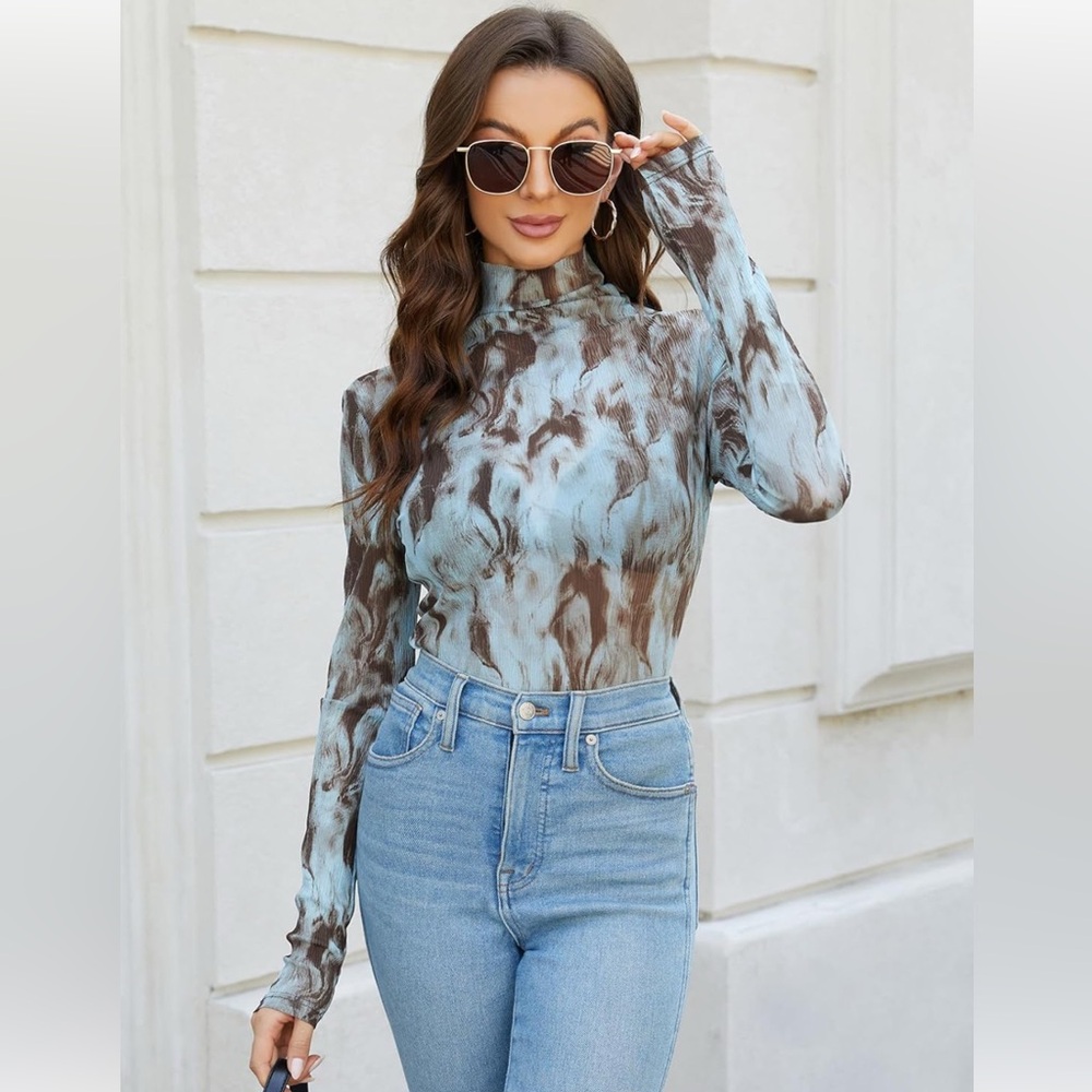 Nwot Women's Long Sleeve L Mock Neck Sheer Mesh Tie‎ Dye Print Top